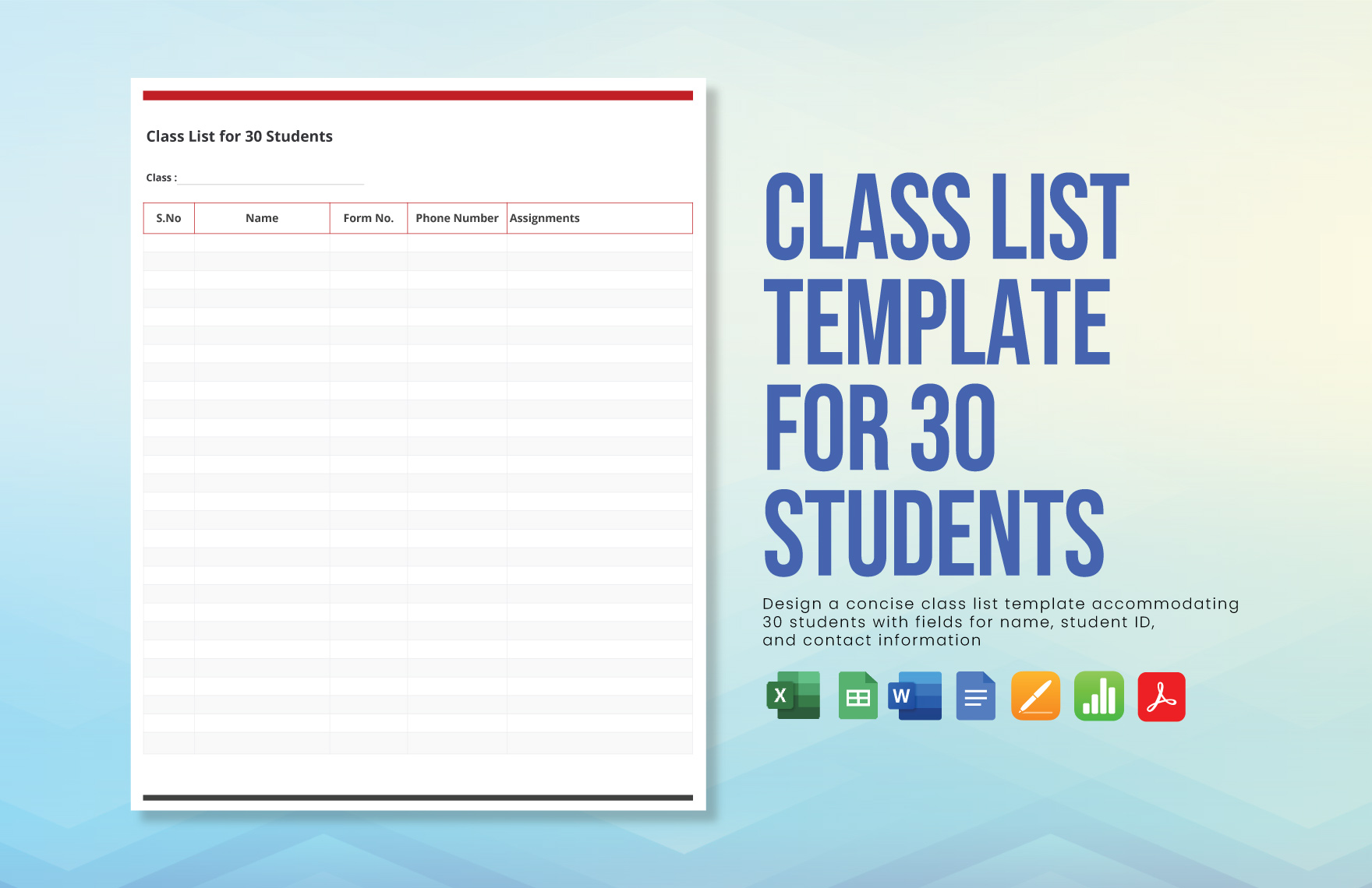 Class List Template For 30 Students in Google Docs, Google Sheets, Apple Pages, Excel, Word, PDF, Apple Numbers - Download | Template.net