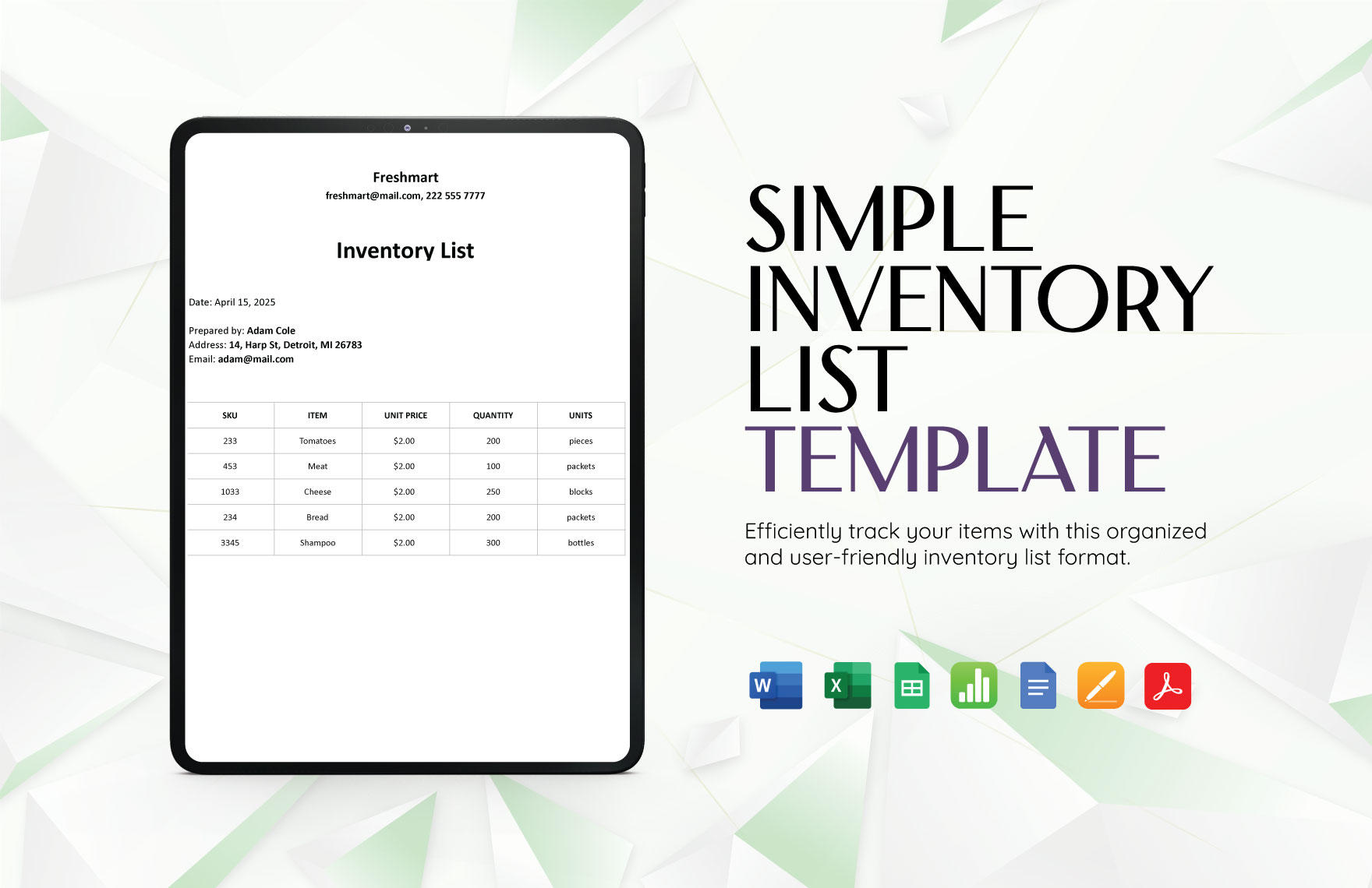 Simple Inventory List Template in Google Docs, Google Sheets, Apple Pages, Word, Excel, PDF, Apple Numbers - Download | Template.net