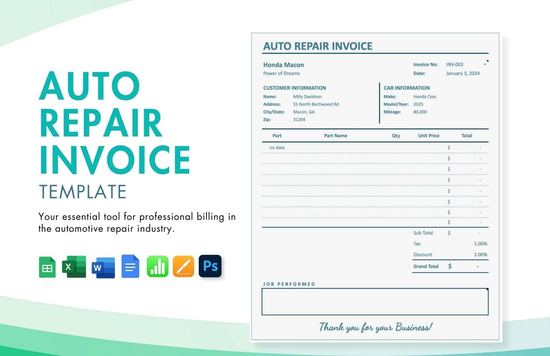 Auto Repair Invoice Template in Google Docs, Excel, Pages, Word, Apple Numbers, Google Sheets, PSD - Download | Template.net