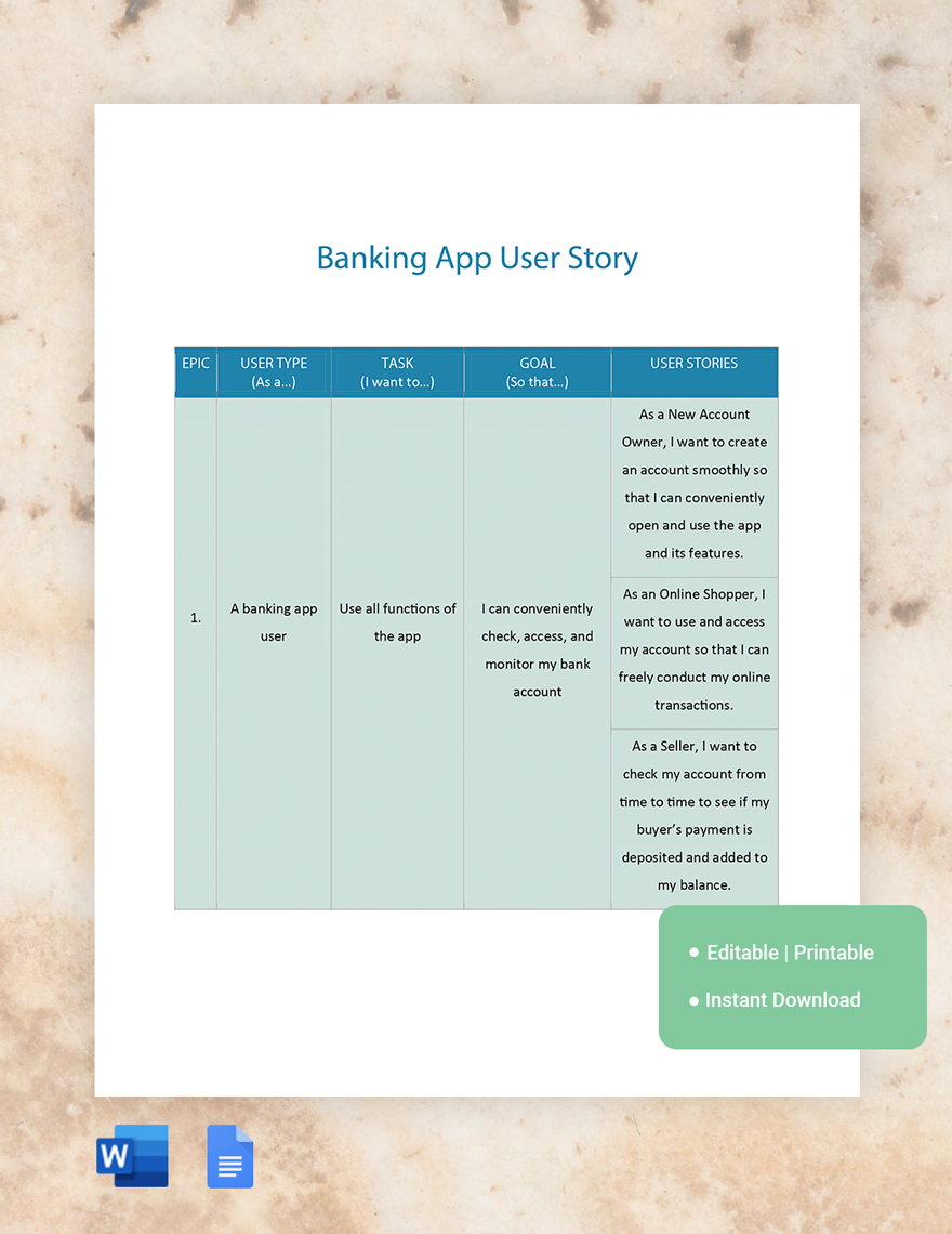 Banking App User Story Template