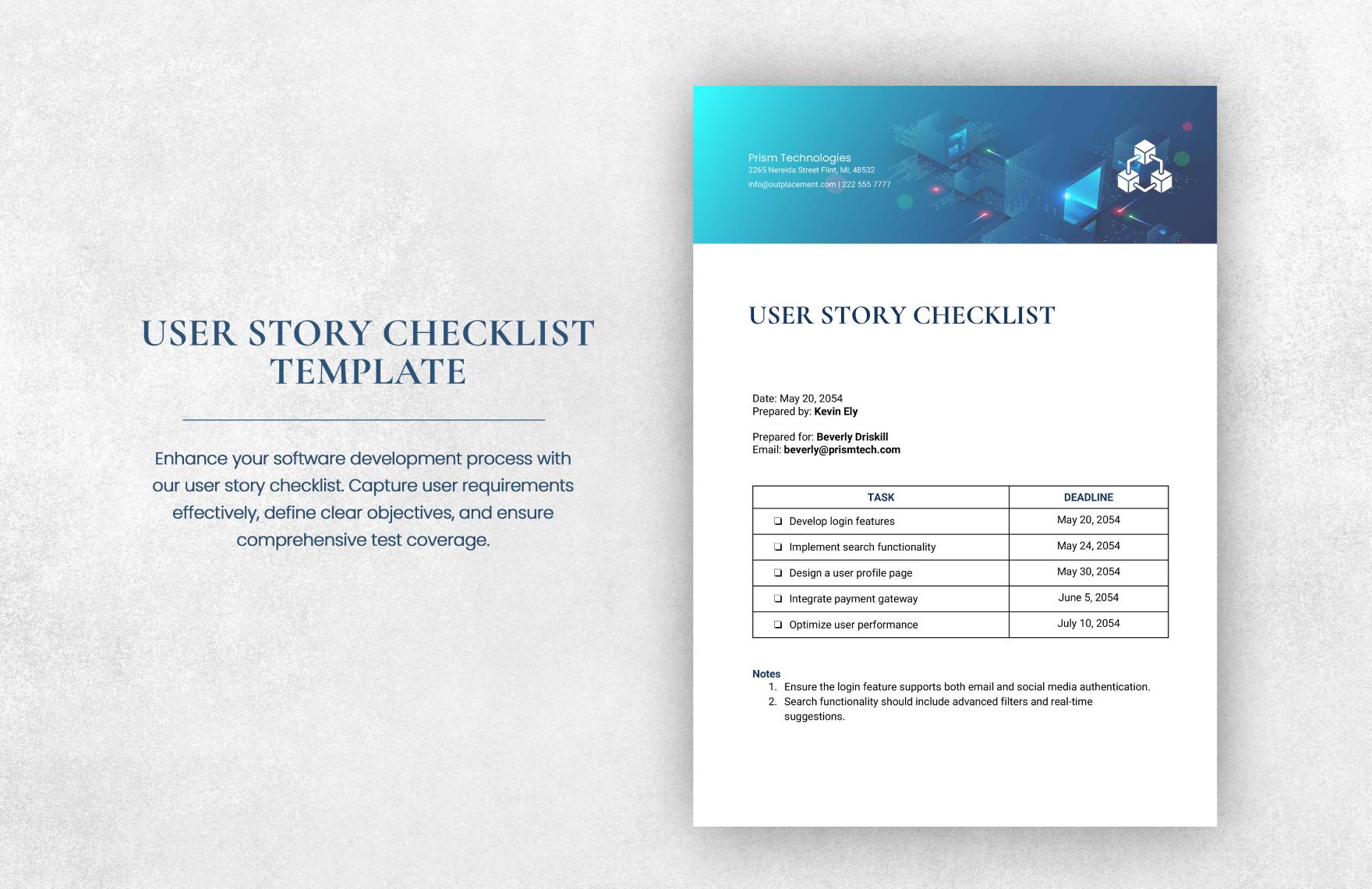 User Story Checklist Template