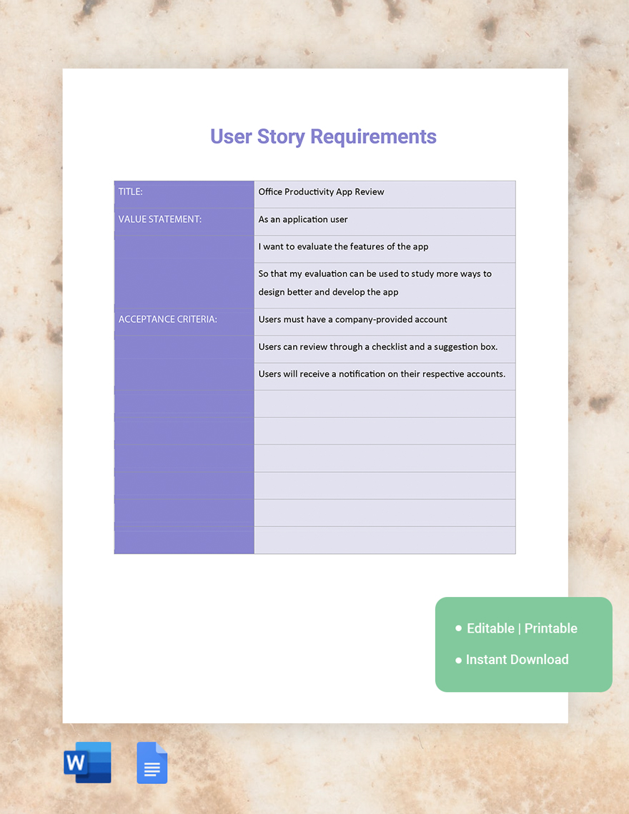 User Story Requirements Template