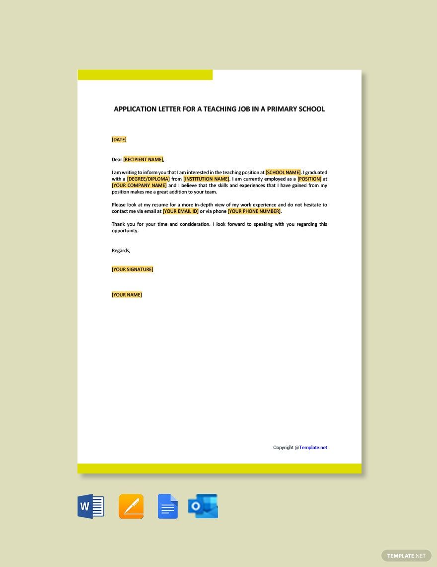 Application Letter for a Primary School Teaching Job Template in Google Docs, Pages, Word, Outlook, PDF - Download | Template.net