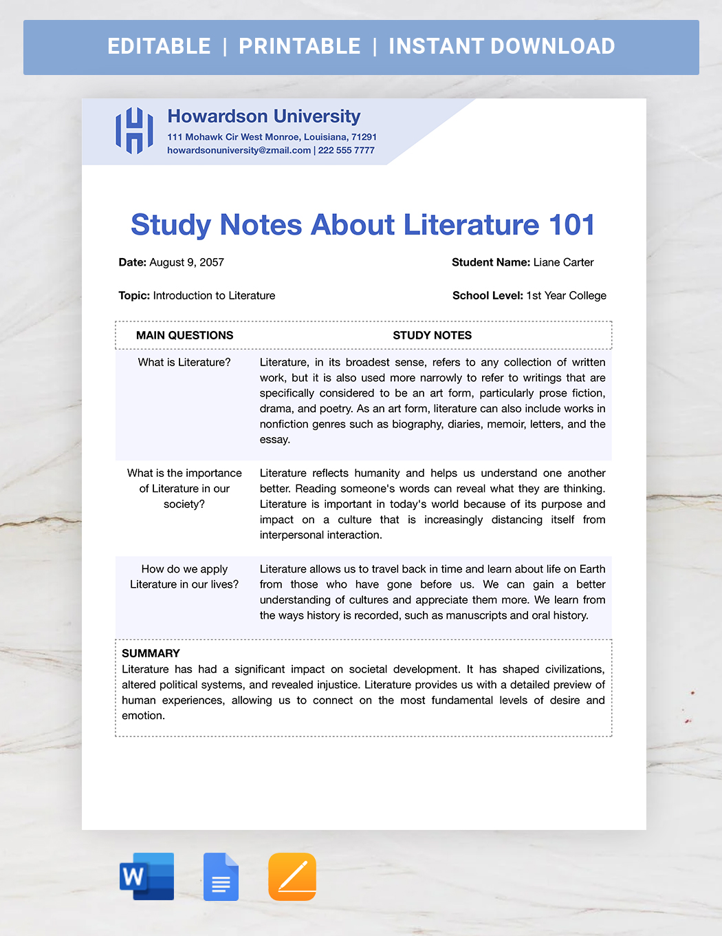 Basic Note Taking 4 Page Template