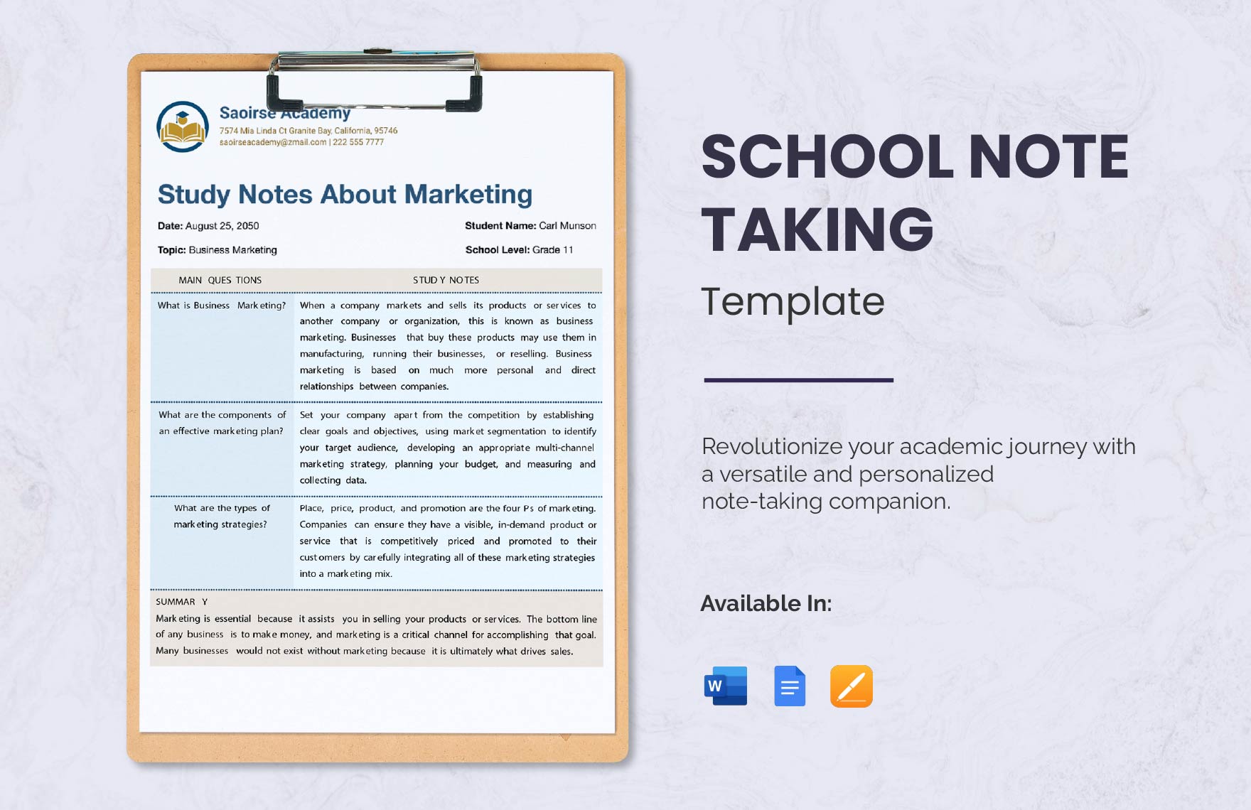 School Note Taking Template