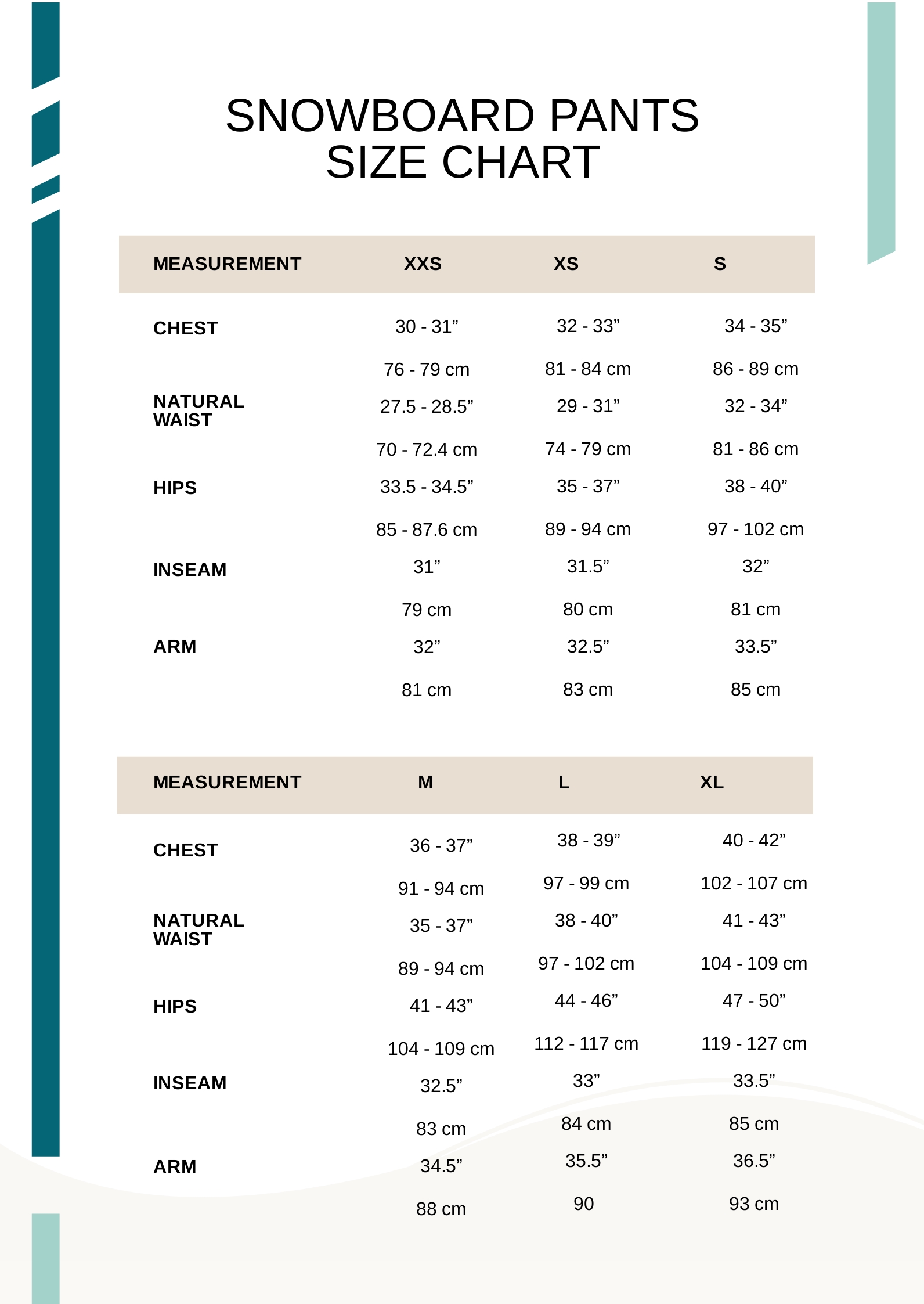 Snowboard Pants Size Chart