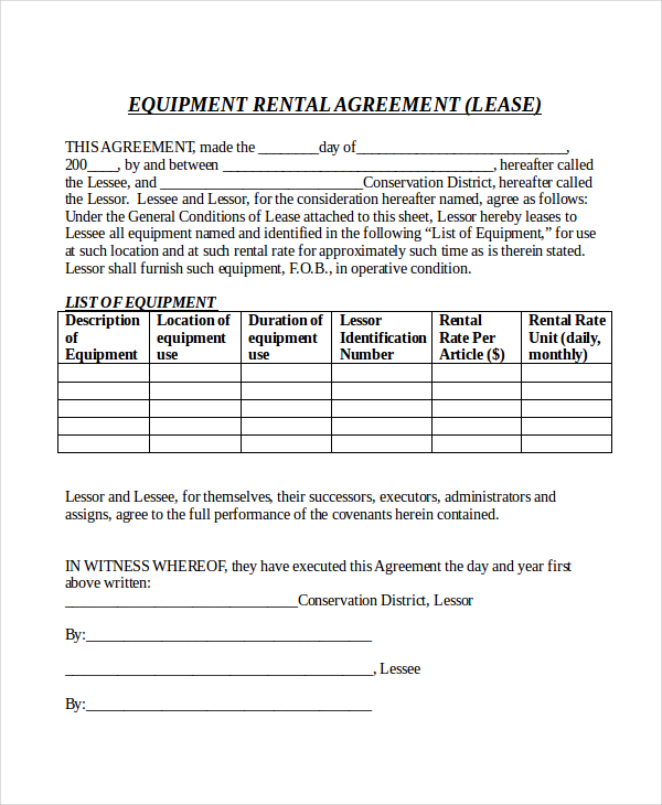 Equipment Rental Agreement Form Template