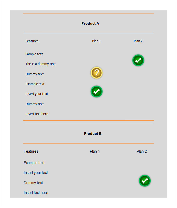 product comparison chart template