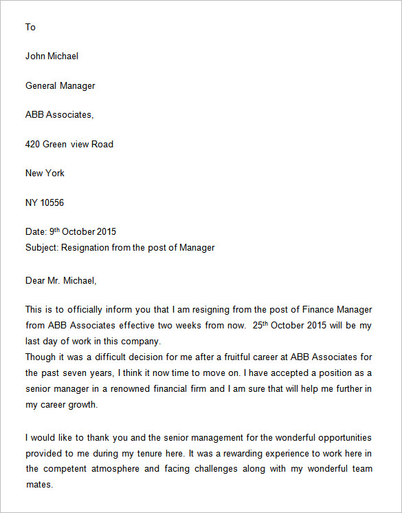 manager resignation letter two weeks notice