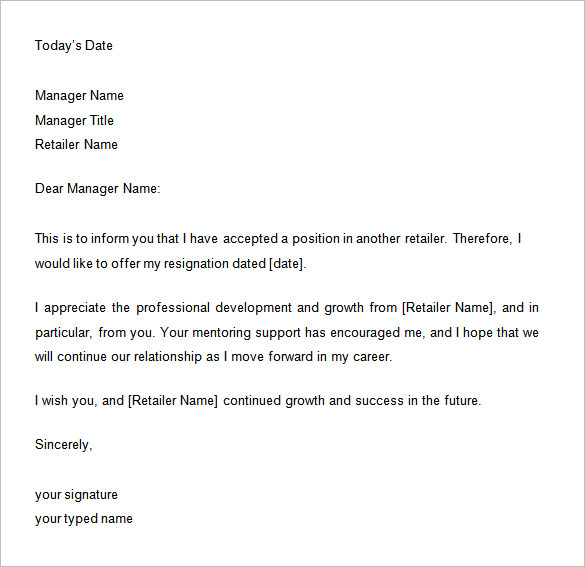 retail resignation two week notice letter