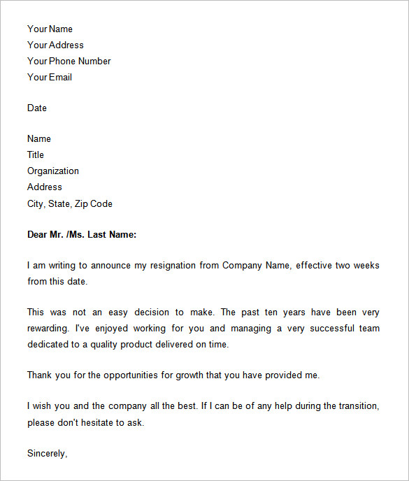 two weeks notice sample letter template