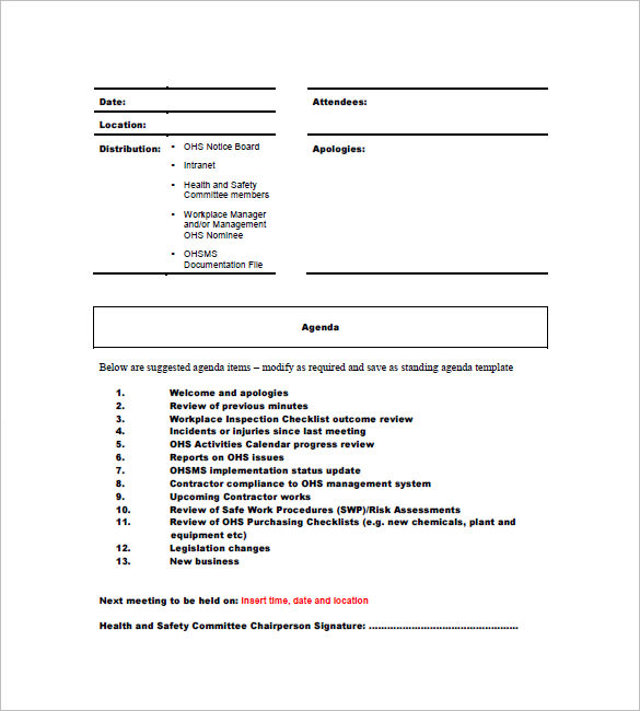 health and saftey committee meeting minutes template