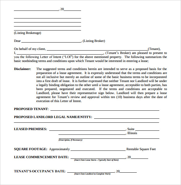 letter of intent form real estate rental commercial pdf sample