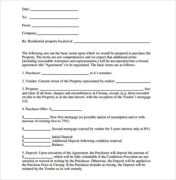 letter of intent form real estate residential purchase sample