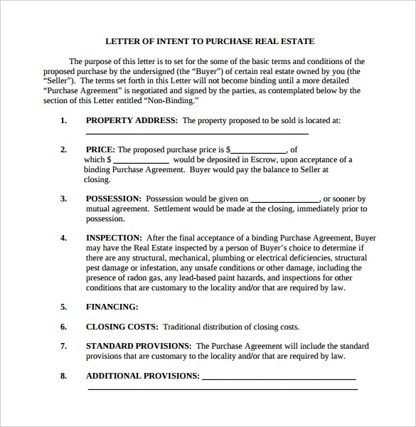 real estate purchase letter of intent template pdf printable