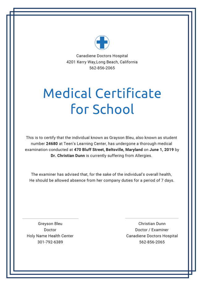 Medical Certificate Format For Student