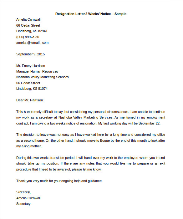 resignation letter 2 weeks notice sample word doc