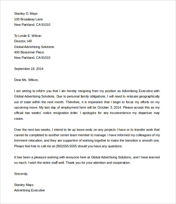 two weeks notice resignation letter from advertising executive sample