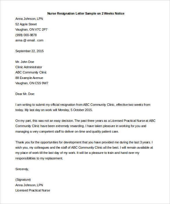 nurse resignation letter sample on 2 weeks notice free download