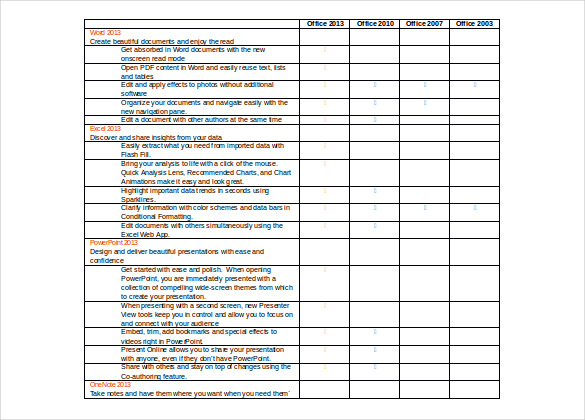 office version comparison chart free doc format template