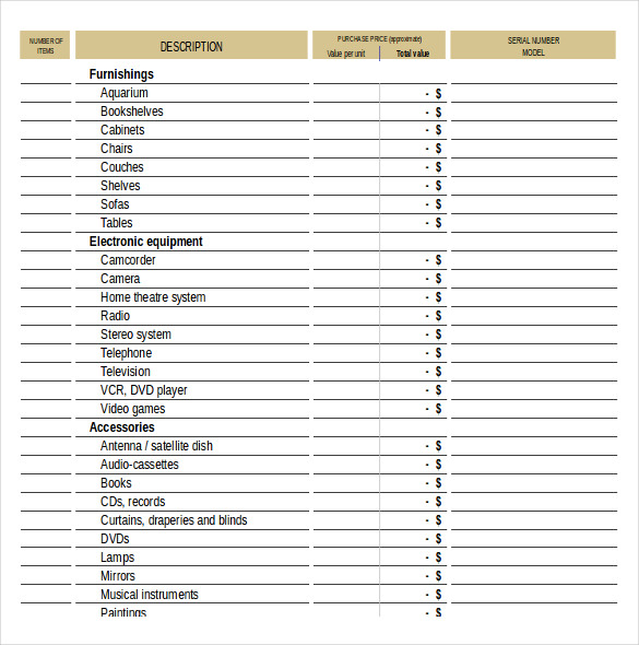 example inventory checklist template for property details