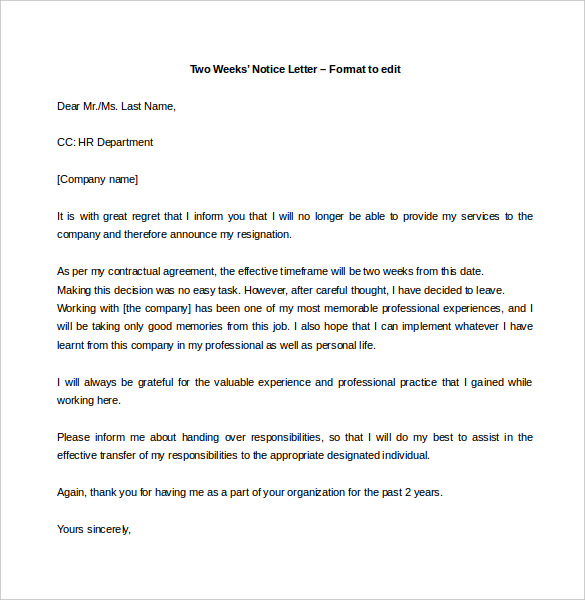 two weeks notice resignation letter download format to edit