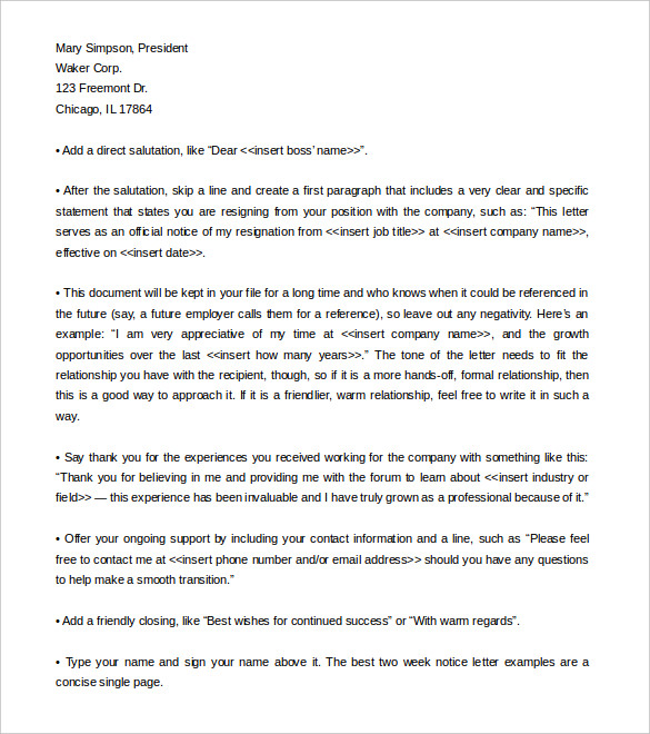 best two week notice letter template format download