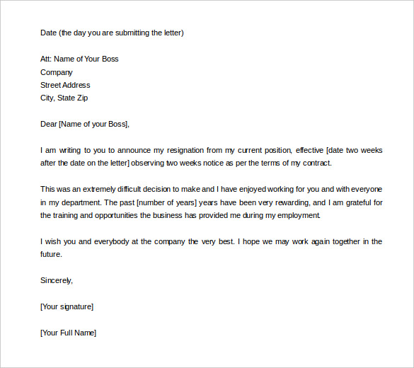 two weeks notice resignation letter template free ms word