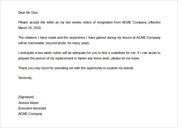 editable two weeks notice letter template to comany