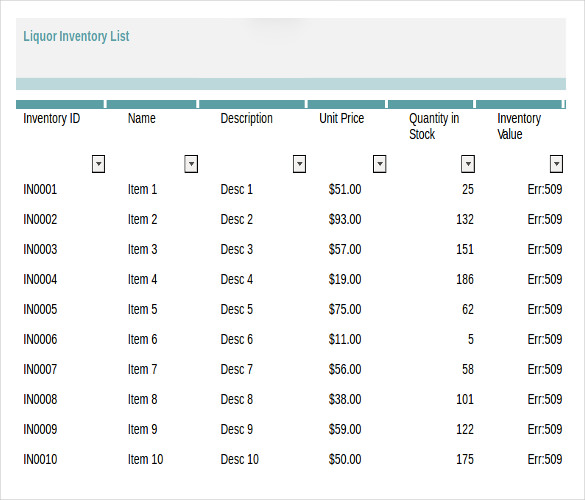 simple liquor inventory sheet