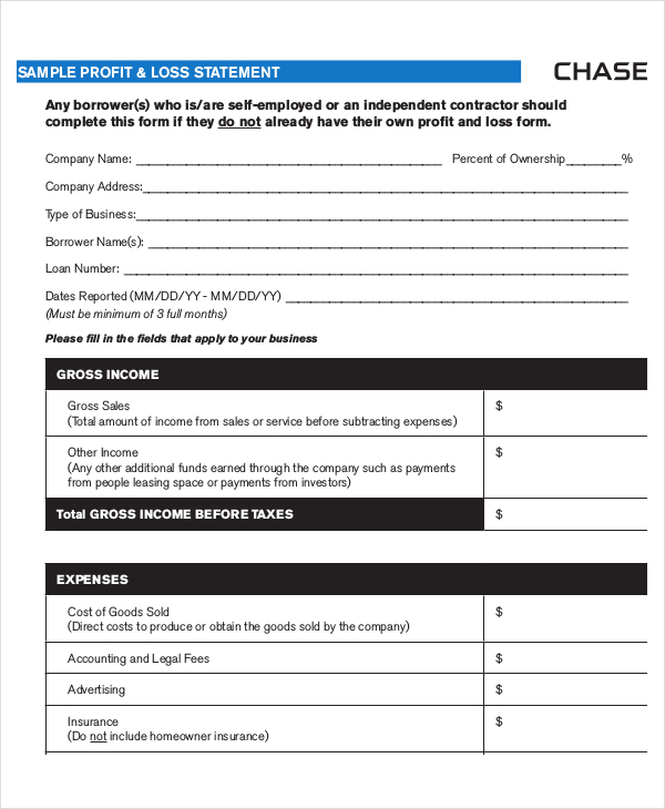 profit and loss statement template