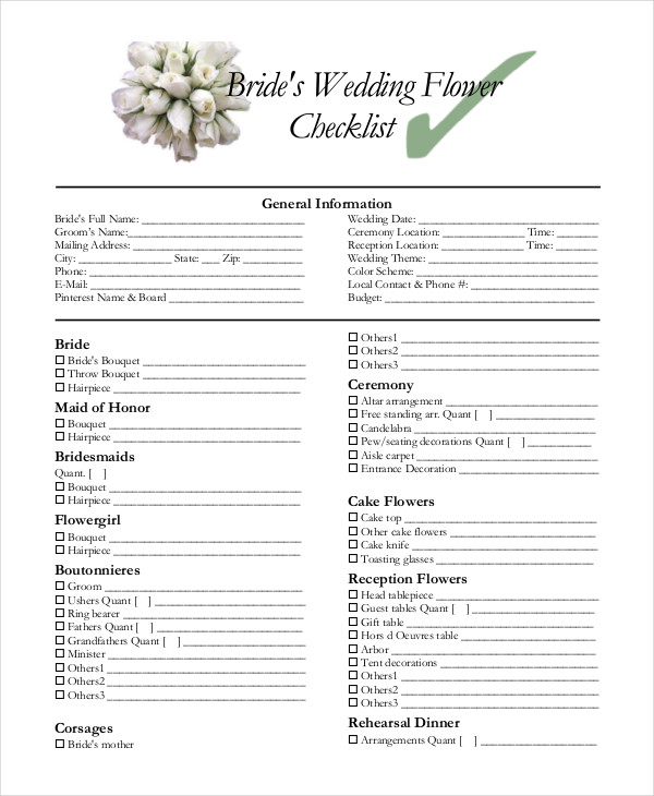 Wedding Flower Checklist Printable