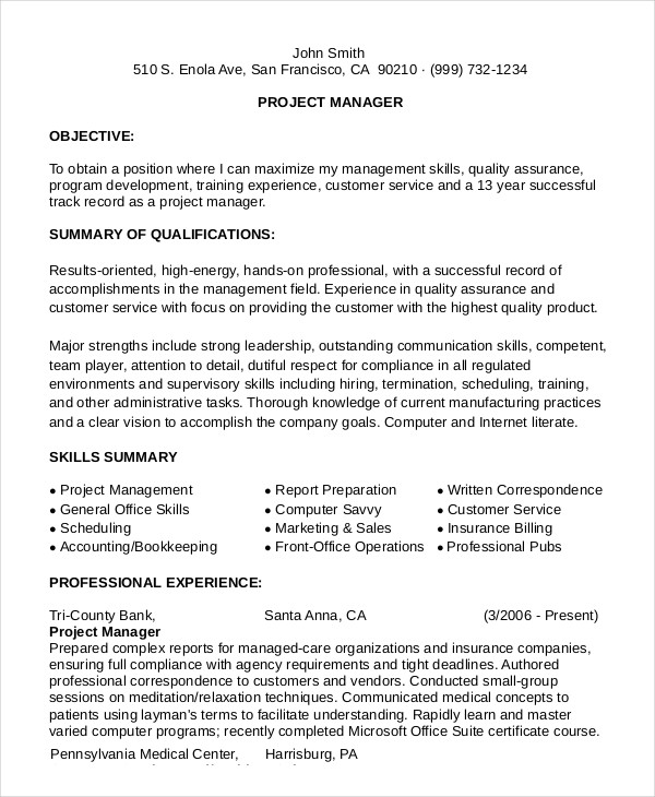 project manager functional resume