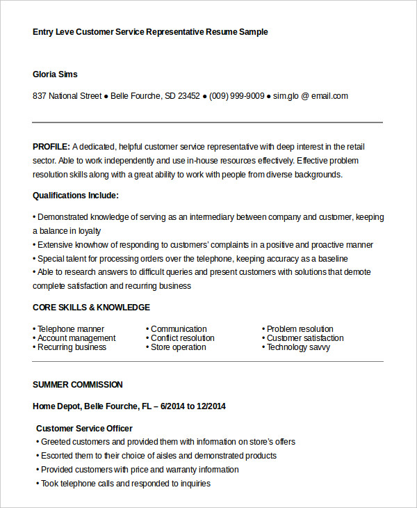 entry level customer service representative resume