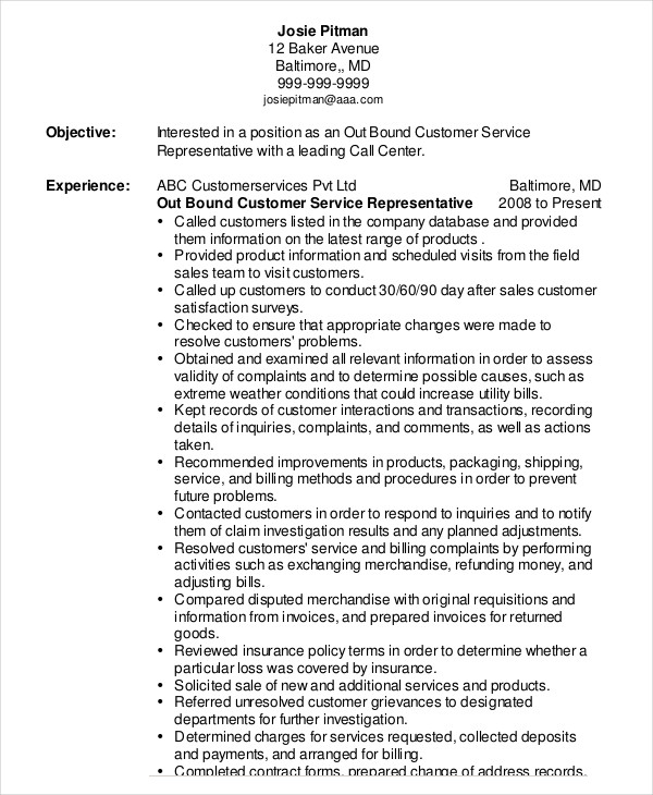 outbound customer service representative resume