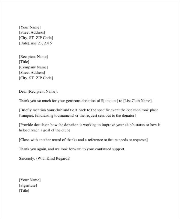 Sample Thank You Letter For Donation Of Food