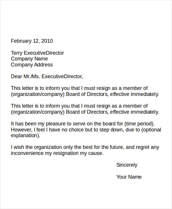 resignation letter from a volunteer board