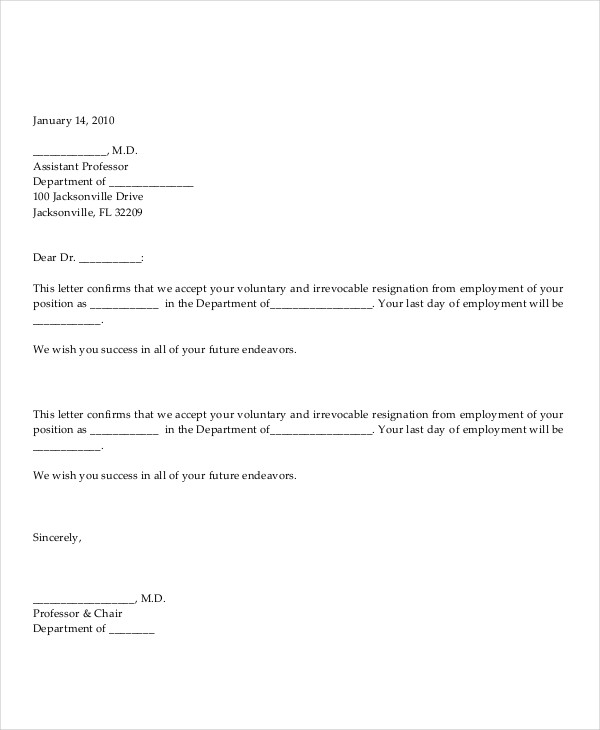 volunteer resignation acceptance letter template