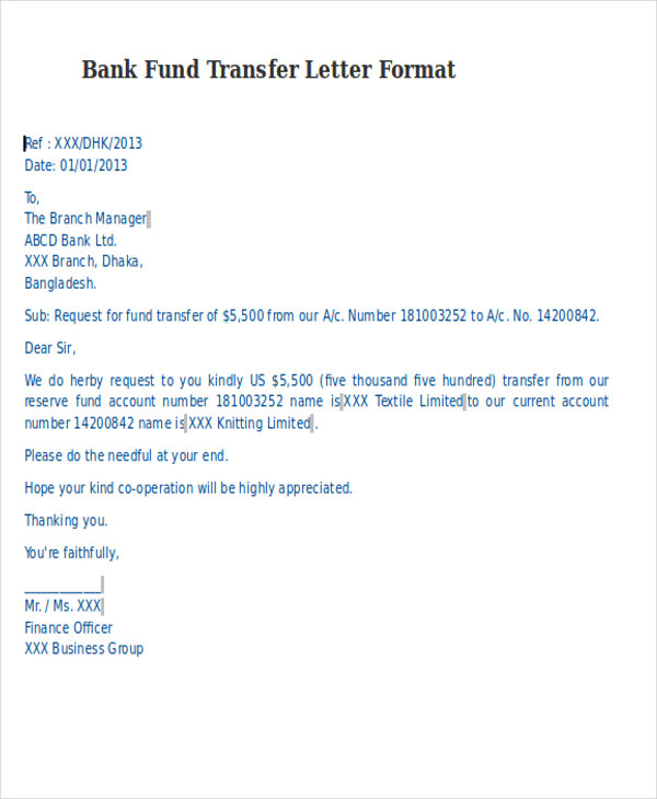 bank fund transfer letter format