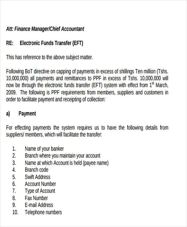 electronic fund transfer letter template