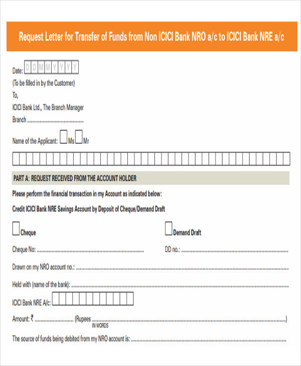 bank account fund transfer letter template