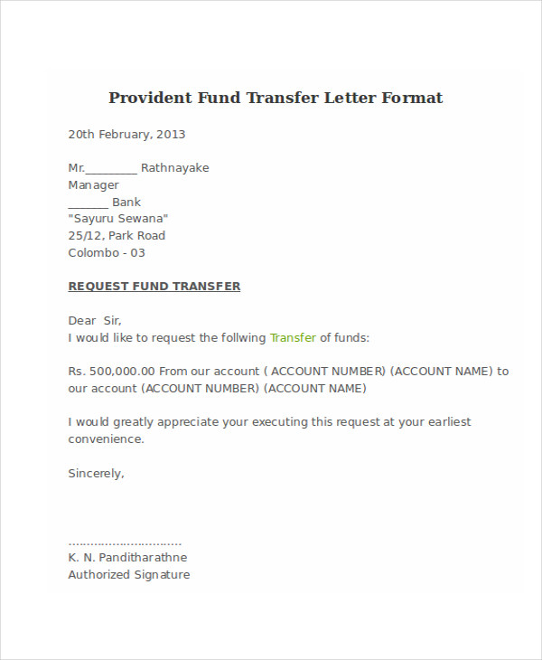 provident fund transfer letter format