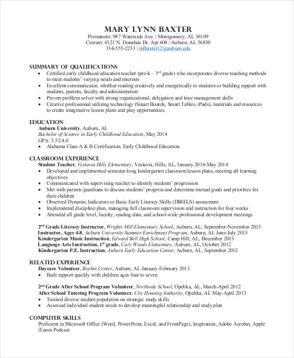 sample preschool teacher resume template