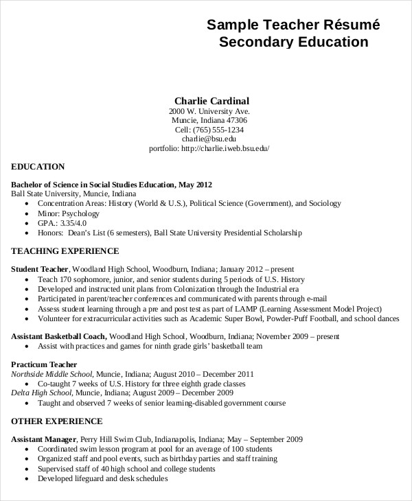 sample secondary teacher resume template