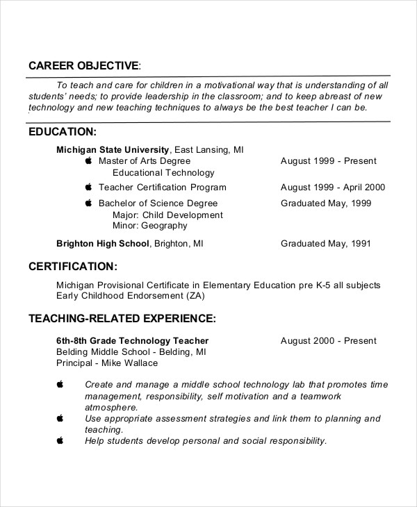 sample resume objective for teacher