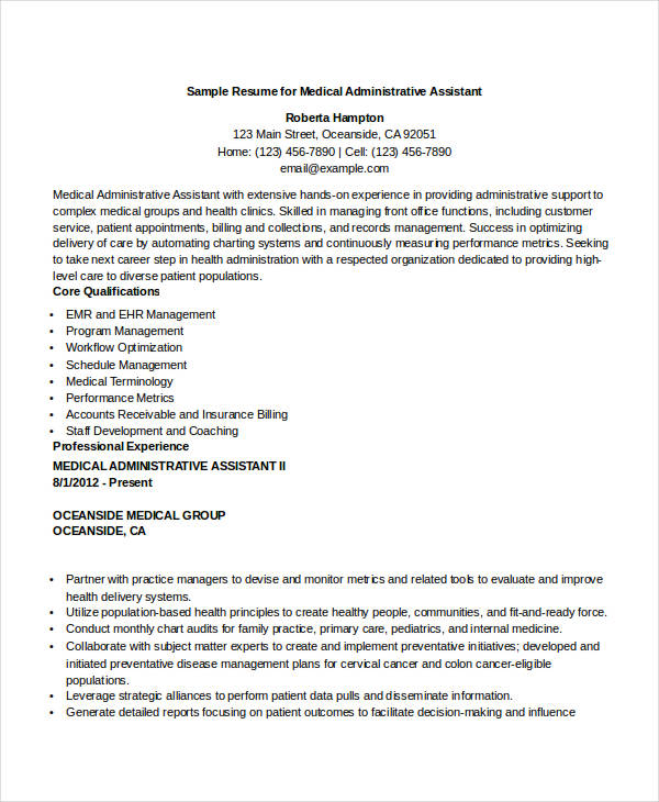 sample resume for medical administrative assistant