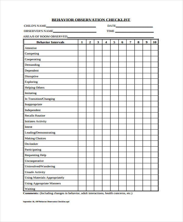 Classroom Behavior Observation Checklist Printable Templates To Fill Images