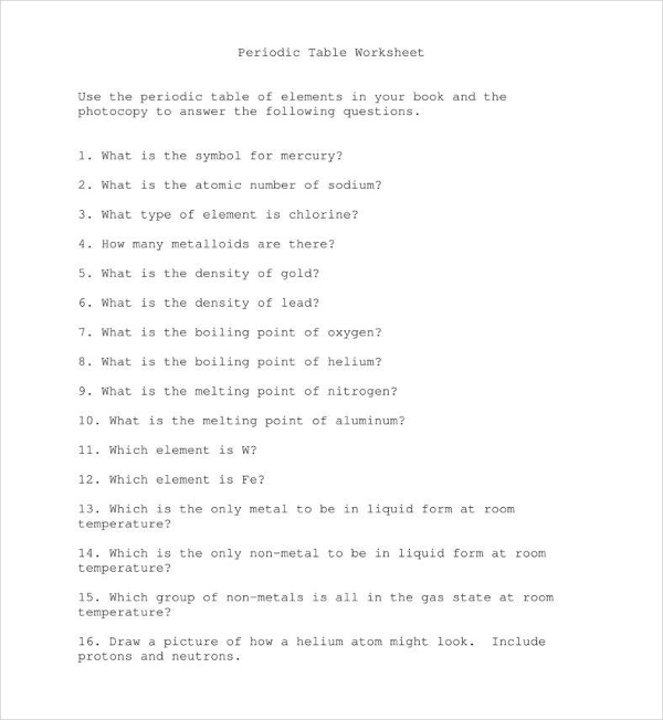 periodic table questions sheet