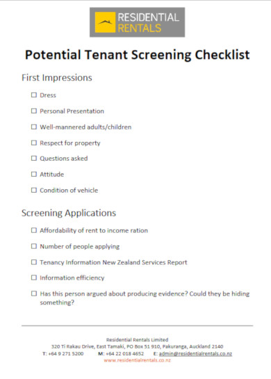 residential tenant screening checklist template