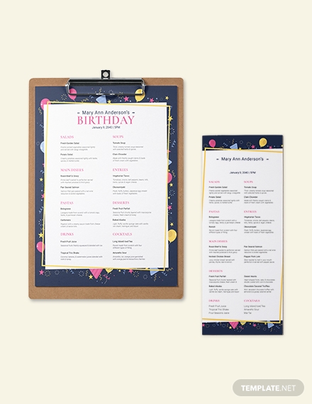 dinner birthday celebration menu example